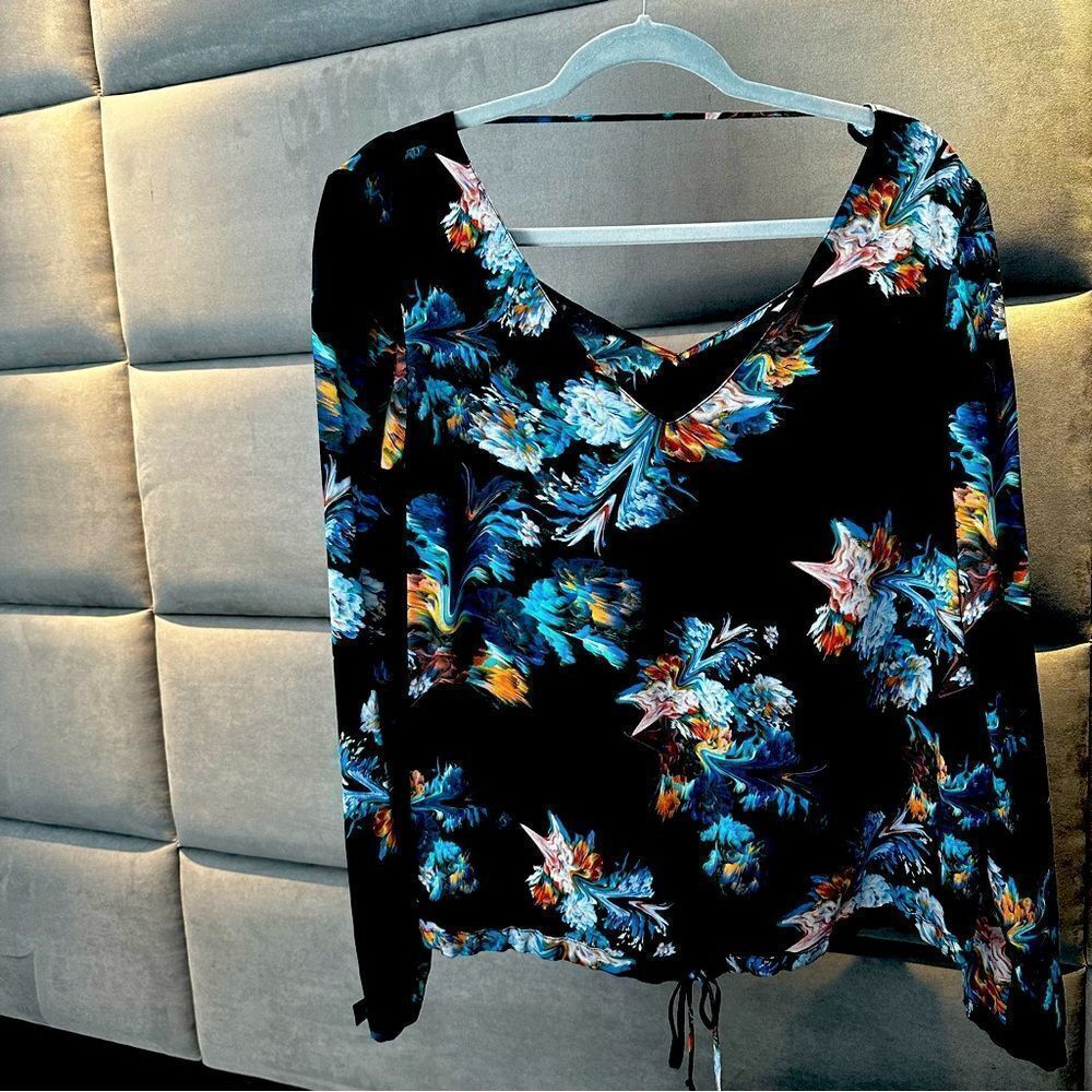 RORY BECA women's 100% silk black floral drawstring long sleeve blouse